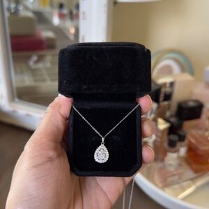 Diamond Teardrop Halo cluster 18" pendant and earrings in sterling silver